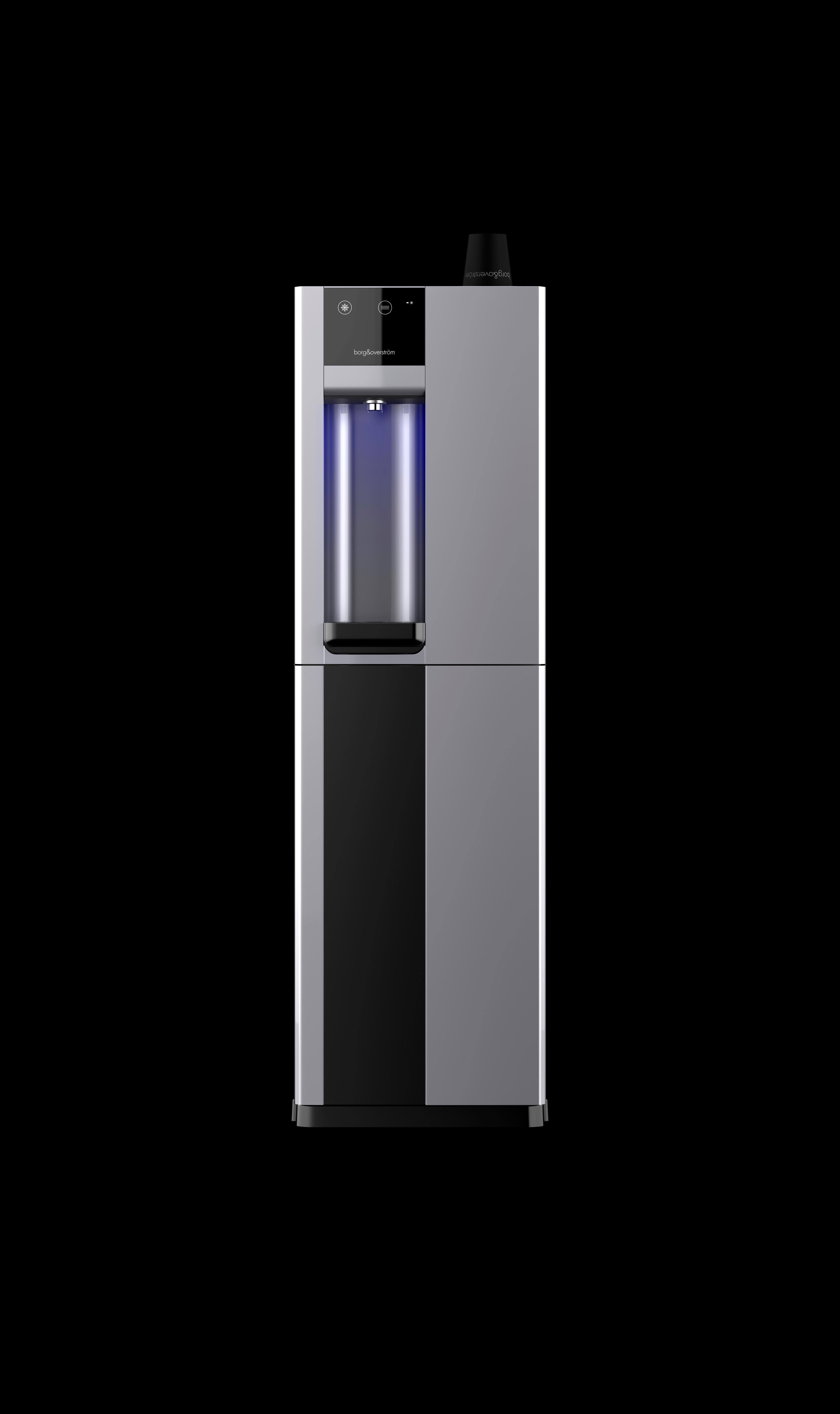 Borg & Overstrom B3 water dispenser in silver, on optional floor-standing cabinet