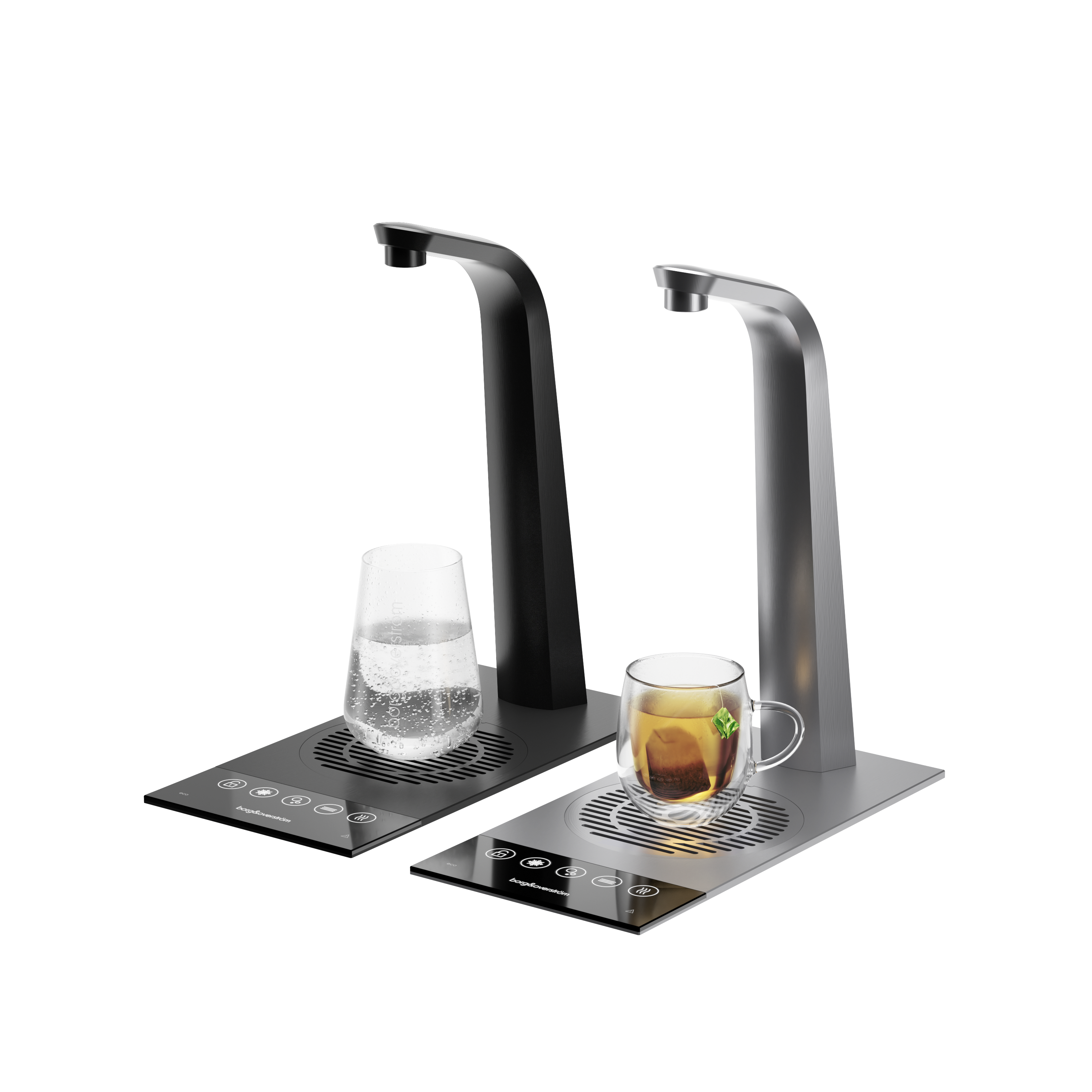 Borg & Overstrom T3 tap system in silver and black finishes with glasses