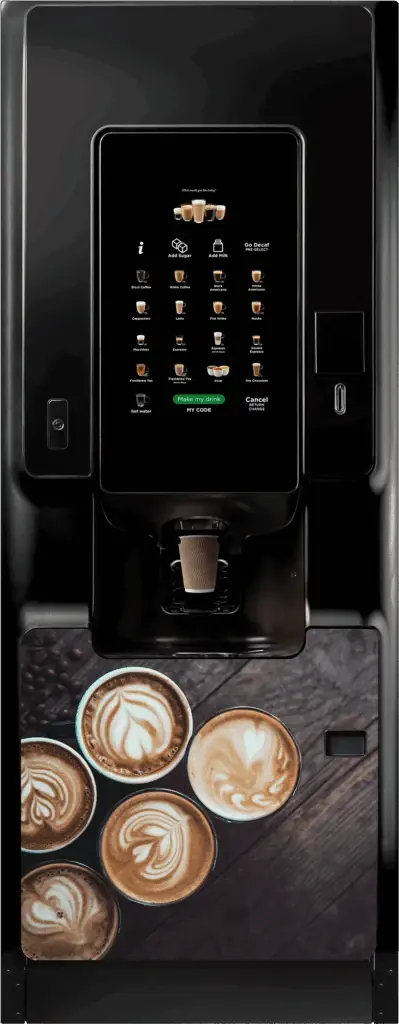 Crane Cali floor-standing coffee machine, front view with backlit touch buttons