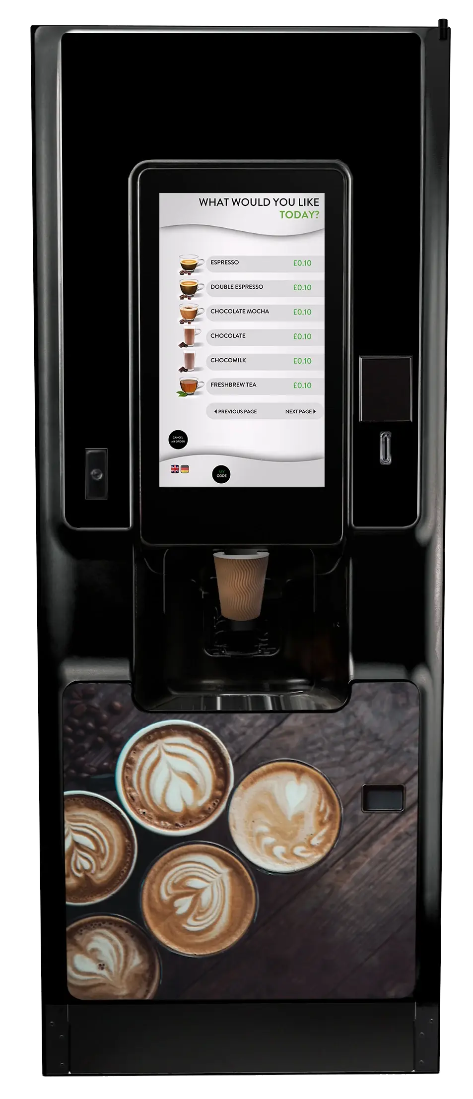 Crane Coti floor-standing coffee machine, front view with 21-inch touchscreen