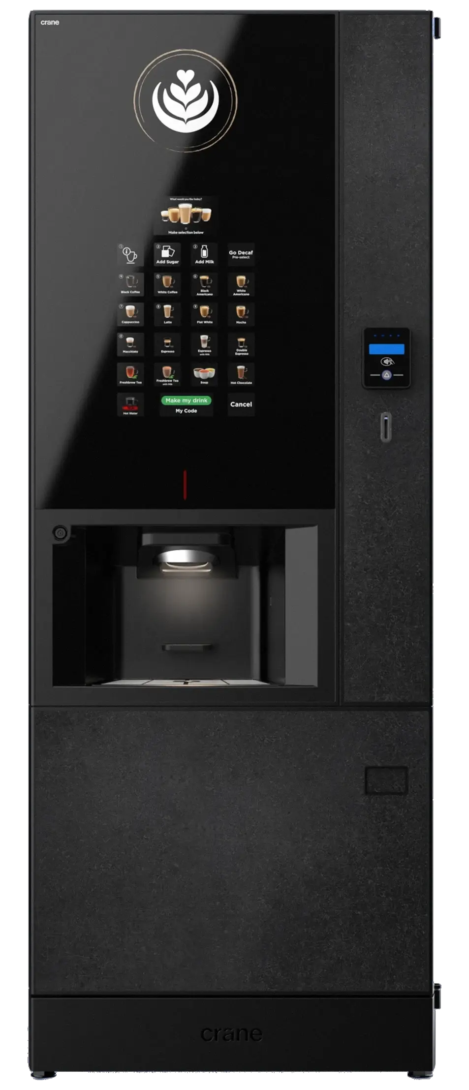 Crane Cali 2 floor-standing coffee machine, front view with direct-selection buttons
