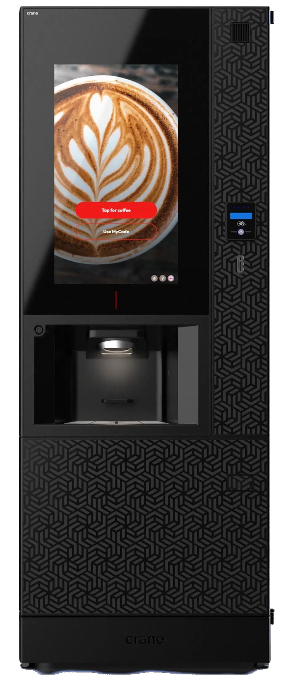 Crane Coti 2 floor-standing coffee machine, front view with 27-inch touchscreen