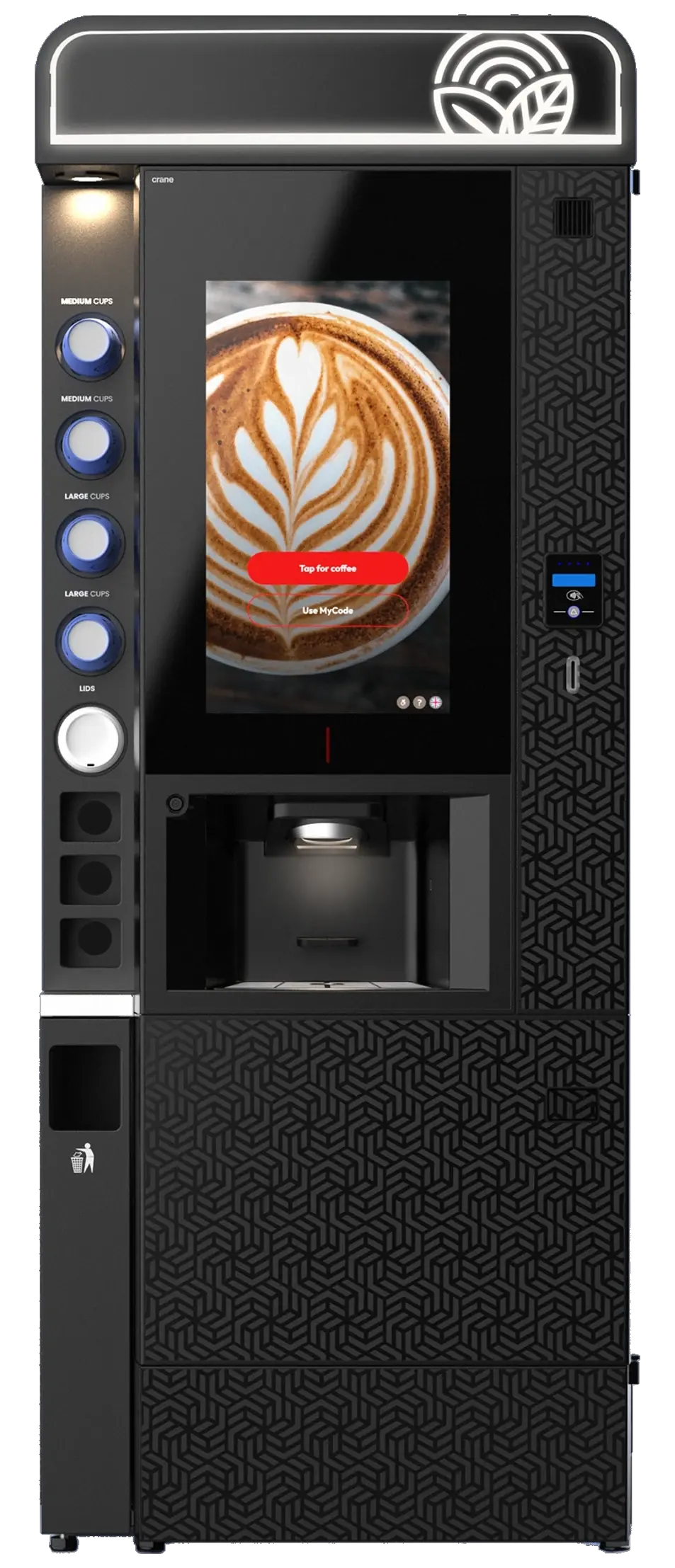 Crane Coti 2 Tower self-serve coffee station with 27-inch touchscreen and built-in cup and stirrer station, front view